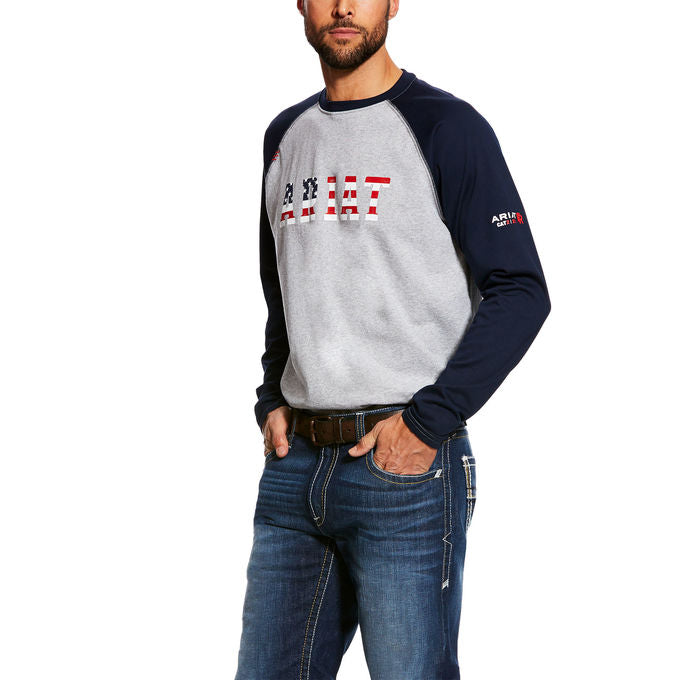 Men's Ariat FR fire retardant Baseball USA Logo Crew Henley Shirt 10025431 SIZES: SMALL, LARGE, 2XL, 3XL