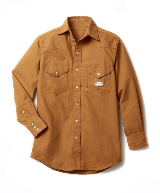 $ CLEARANCE **Rasco FR Brown Duck Heavyweight Work Shirt with Snaps 10 oz