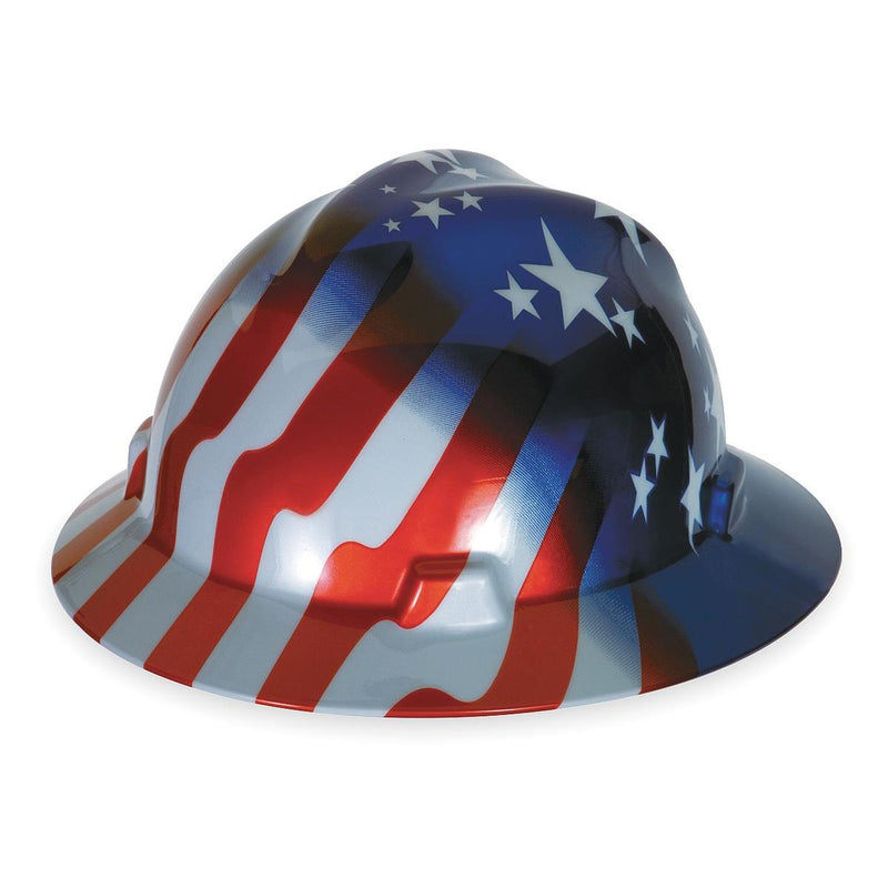 MSA Hard Hat With Fas Trac® 4 Point Ratchet Suspension And American Stars And Stripes Graphics