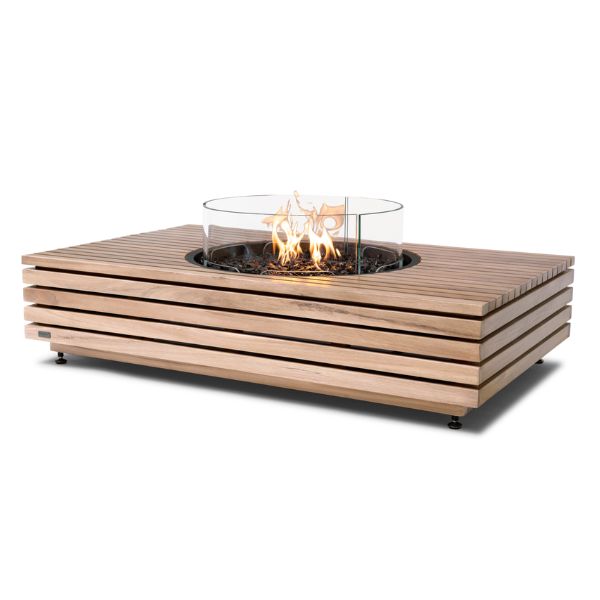 Ecosmart Martini 50 Fire Pit Table In Teak With Flame And Windscreen On A White Background
