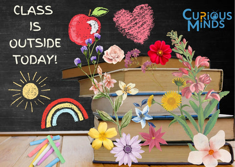 The image shows a stack of books piled high on a desk in front of a chalkboard which reads 'Class is Outside Today!' There are flowers growing out of the books and on the chalkboard there are doodles of an apple, a rainbow, a love heart, and the sun. A pile of chalk rests on the desk.
