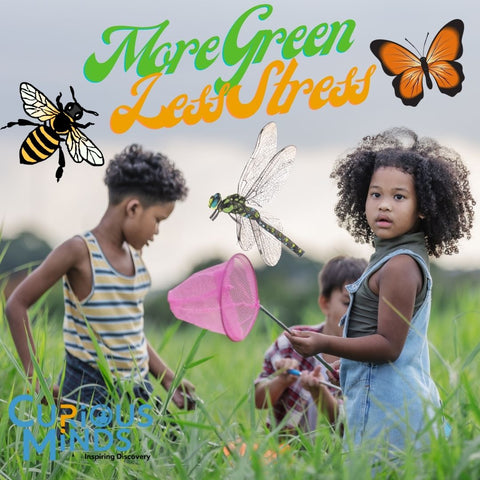 Two young children are playing amidst long grass. One child is holding a butterfly net. The image reads 'More Green, Less Stress' and includes clipart of a bee, a butterfly, and a dragonfly.