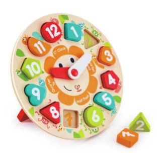 Tell the time wooden clock for young children with shape sorting numbers and moveable pointers