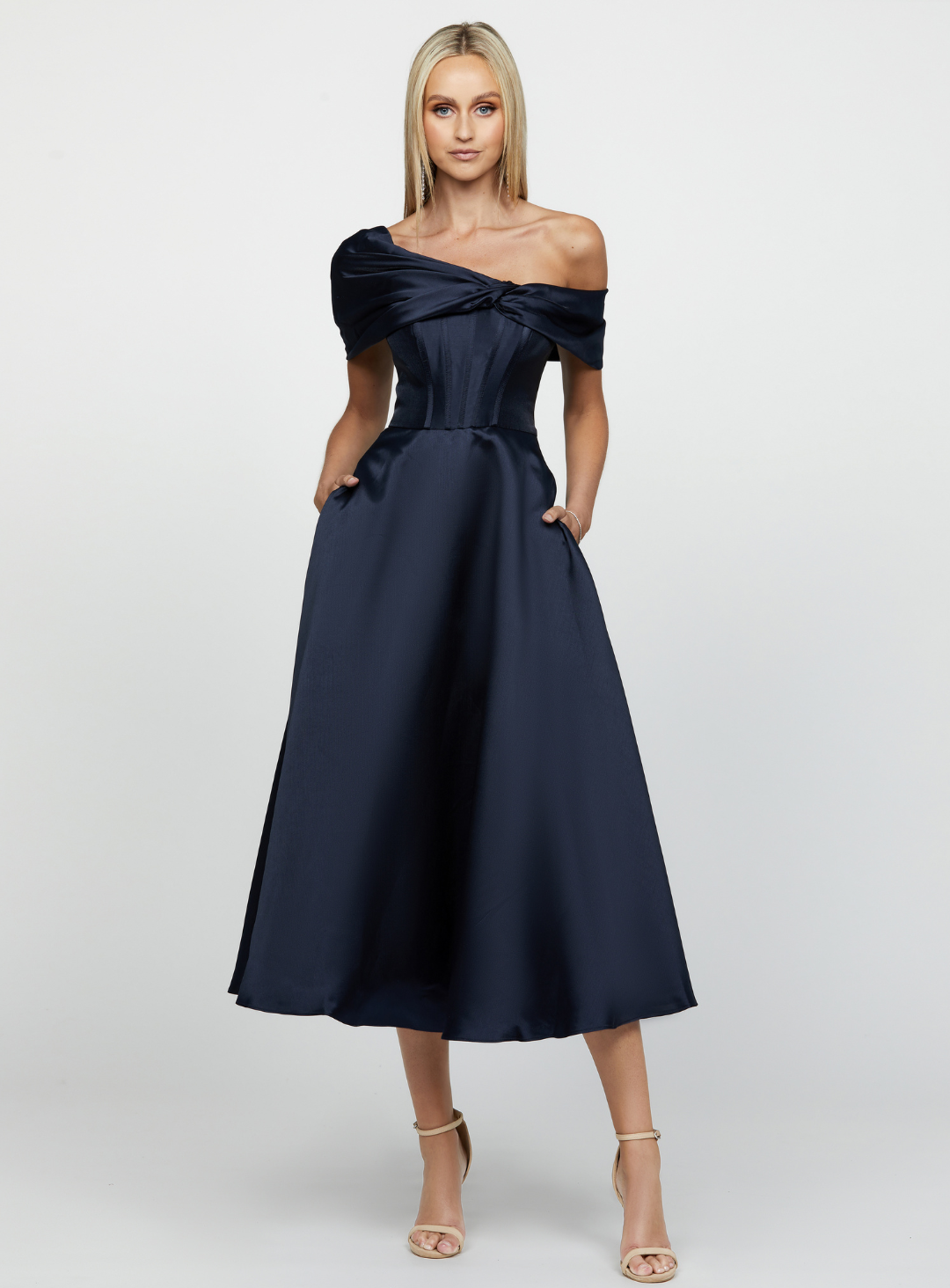 Elizabeth Off Shoulder Tea Length Midi