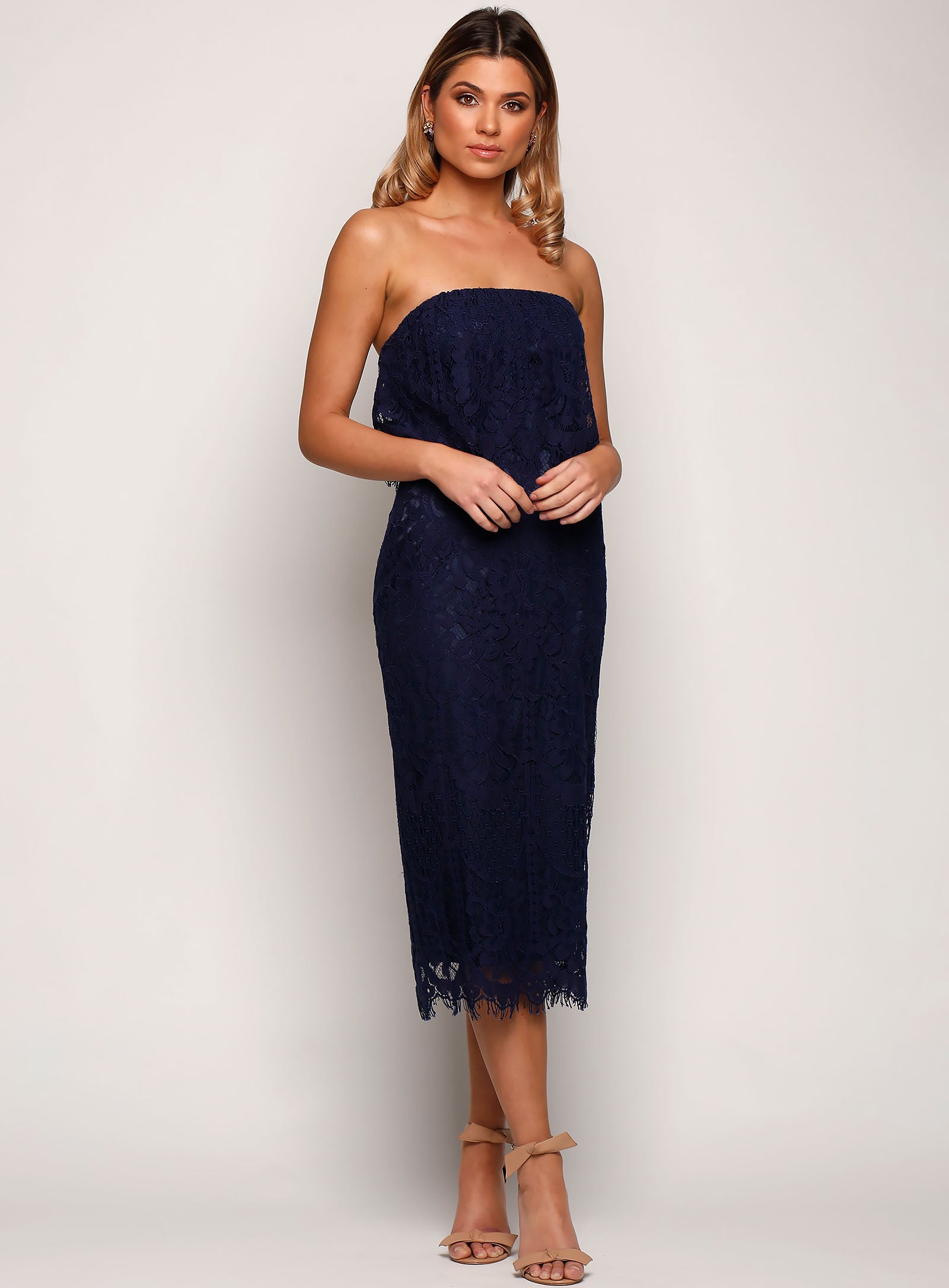 Cherry Lace Midi Dress - Navy - Size 8