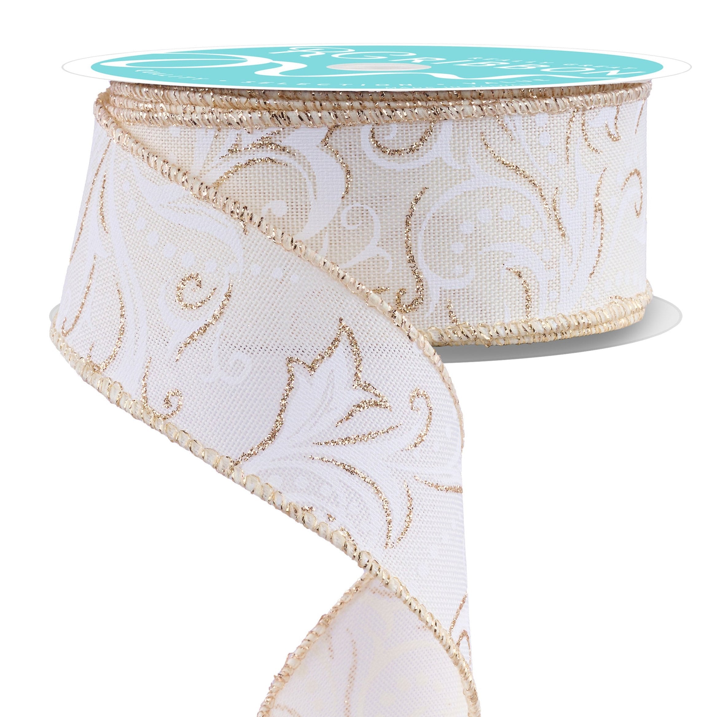 Wired Ribbon * Leaf Filagree W/Dots * Ivory/White/Champagne Canvas * 1.5" x 10 Yards * RGF144630
