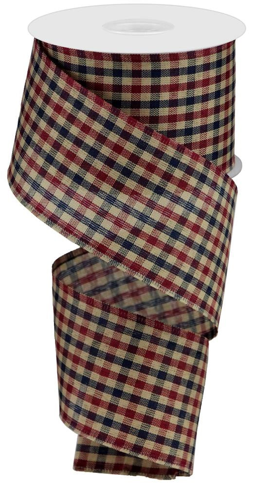 Wired Ribbon * Woven Check Canvas * Burgundy and Beige * 1.5 x 10