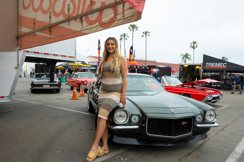Chevy Chick Laura Wright and 1973 Camaro Olive