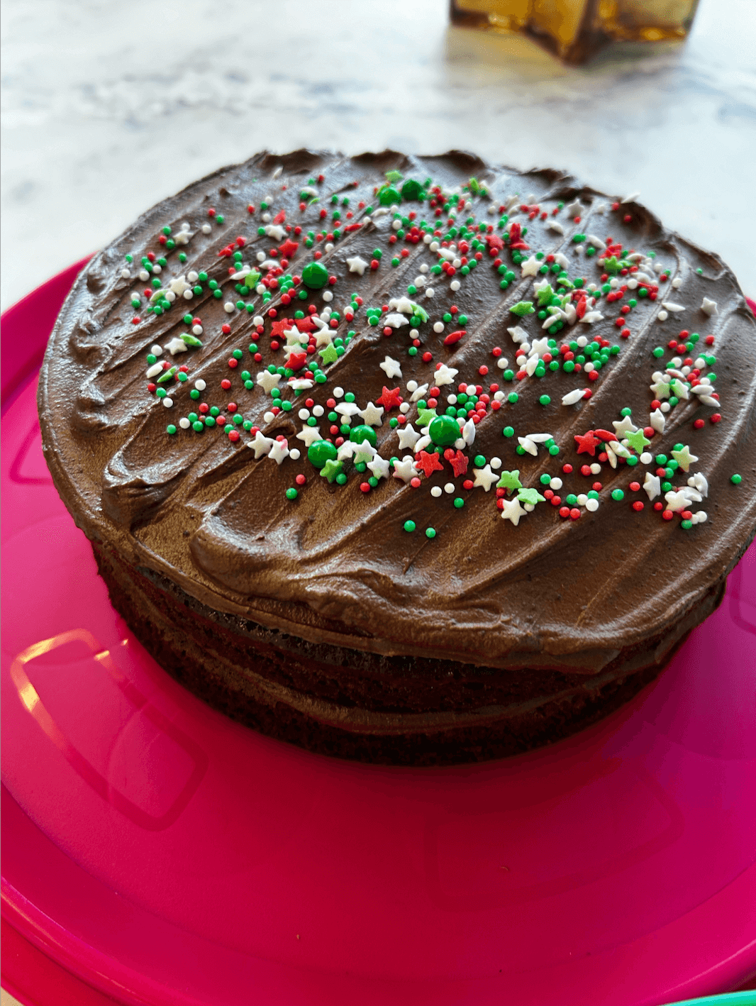 A vegan chocolate cake covered in sprinkles