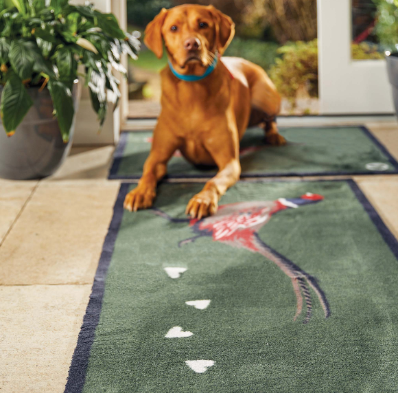 A dog laid down on a green door mat and matching runner featuring a pheasant