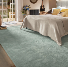 A blue rug underneath a bed in a bedroom