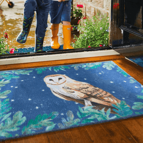 A Christmas front door mat with a snowy owl on