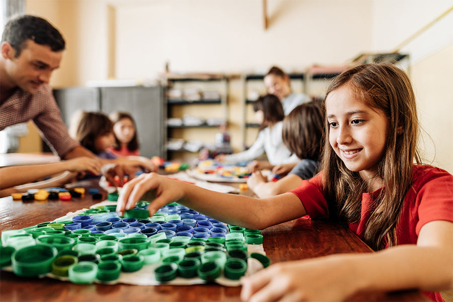 kids upcycling bottle caps