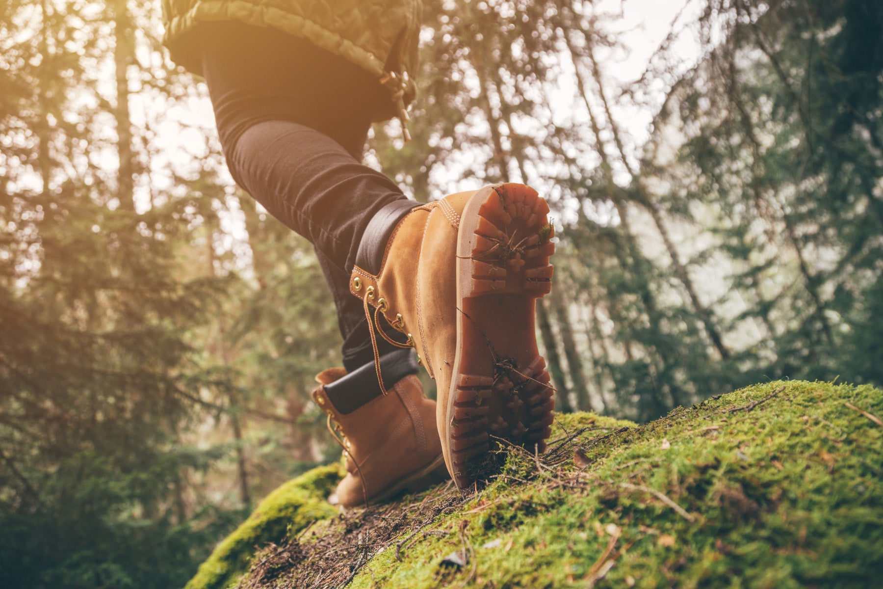 woman hiking moss forest