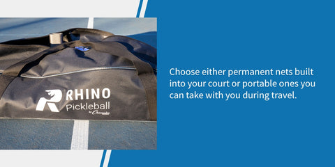 Rhino Pickleball Net Carrier Pictured with Caption Explaining how you can choose either portable or permanent nets