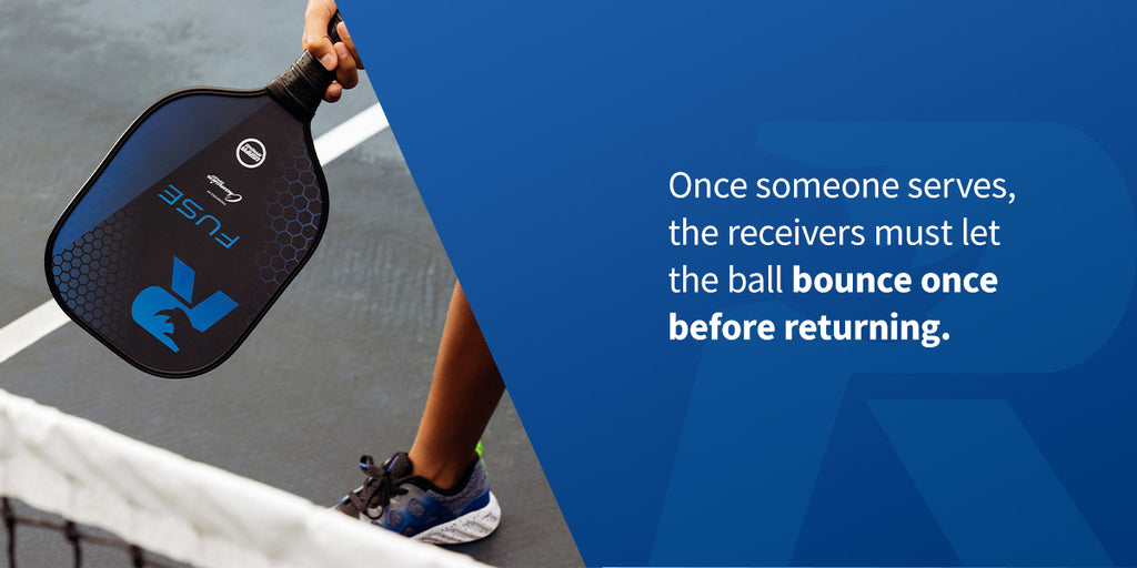 graphic for pickleball explaining that the receiver must let the ball bounce once before hitting it