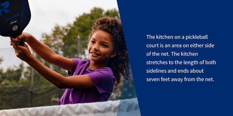 graphic showing a girl playing pickleball with an explanation of the "kitchen"