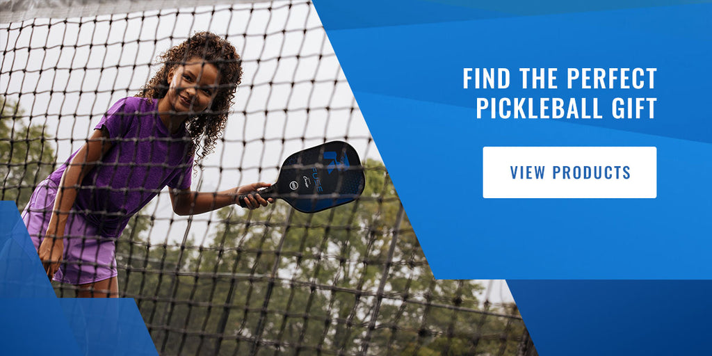 Graphic showing a girl playing Pickleball and a call-to-action for users to view Pickleball products for holiday shopping