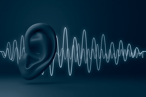 ear graphic image is listening the soundwave in blue background