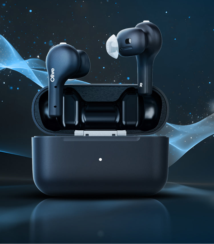 02 Mobile- earbuds floating out of the charging case sitting on a dark scene with blue soundwaves around.jpg__PID:c229c7f6-e42e-4980-be21-0bccfc99db8f