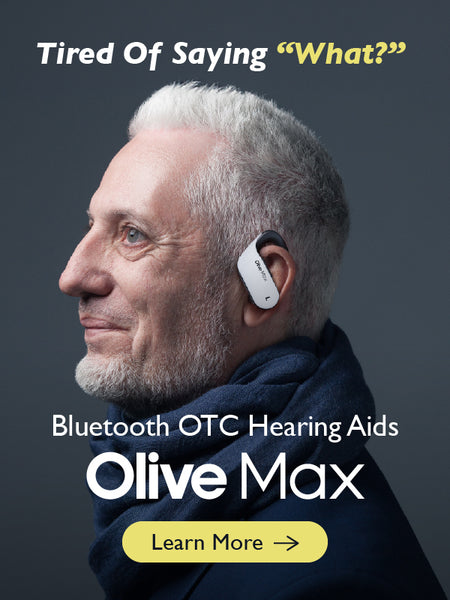 Tired of saying what? banner with a old man is wearing bte hearing aids