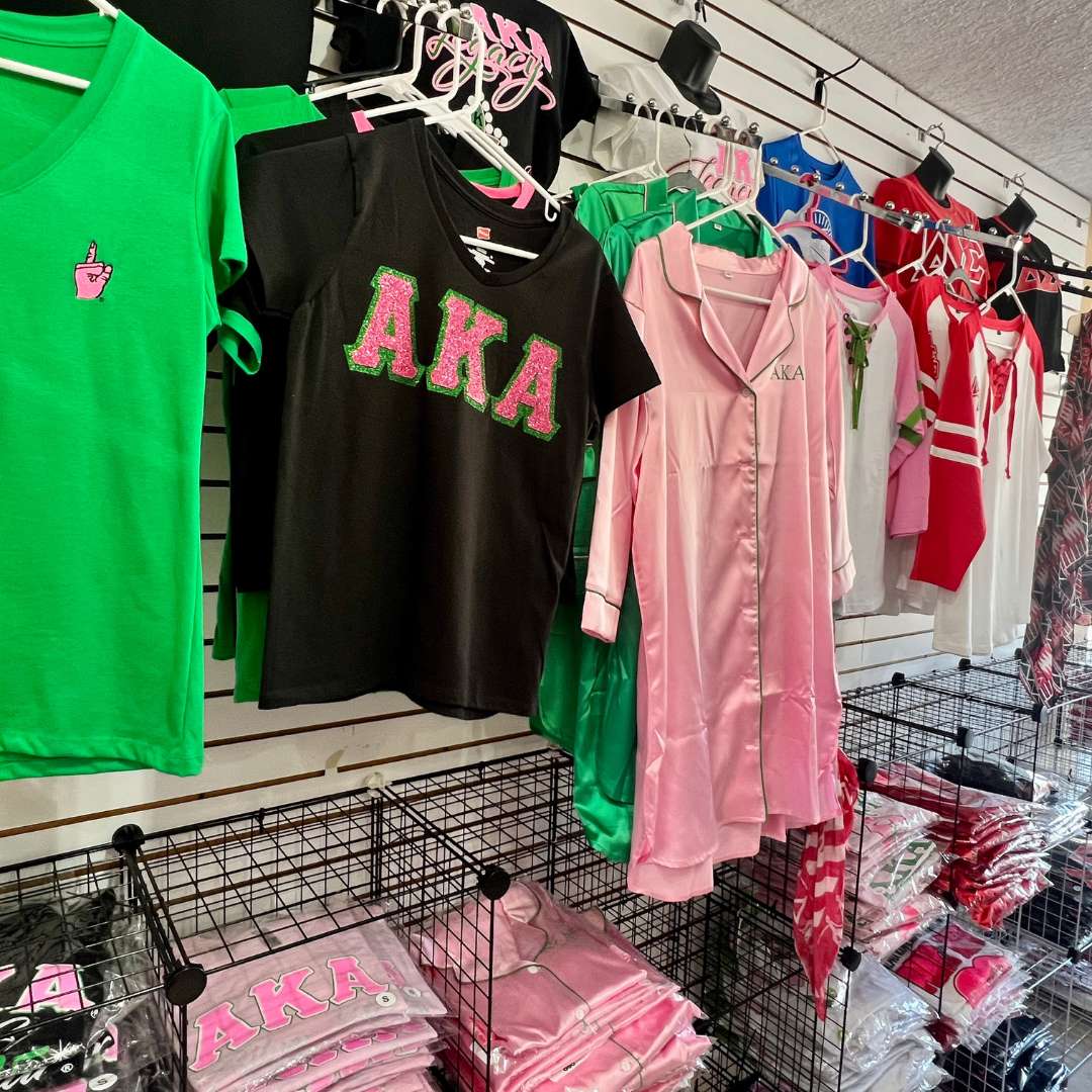 Alpha Kappa Alpha and Delta Sigma Theta Featured Shirts Display at Betty's Promos Plus