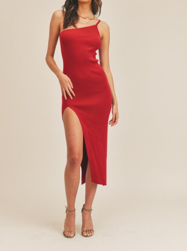 One Shoulder High Slit Dress, scarlet