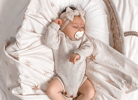 Cute baby sleeping in moses basket with organic cotton swaddle