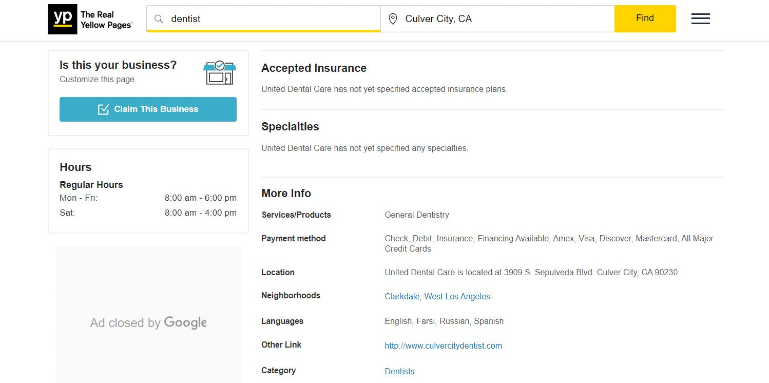 A detailed look of a sample business profile in Yellow Pages.
