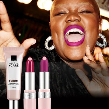 Singing model wears matte purple lipstick with 3 products from Make-Up + Care range in foreground.