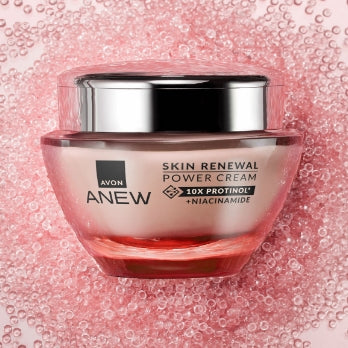 Pink Skin Renewal Power Cream glass pot on background of tiny pink bubbles.