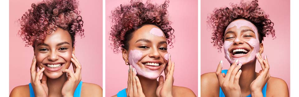 Montage of model applying pink face mask.