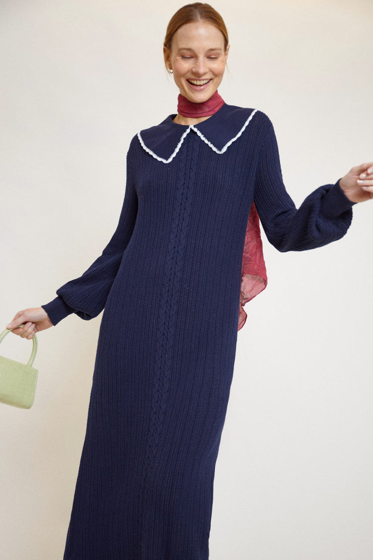 Elle - Navy Solid Long Sleeve Knit Dress With Collar - RIXO ⋆