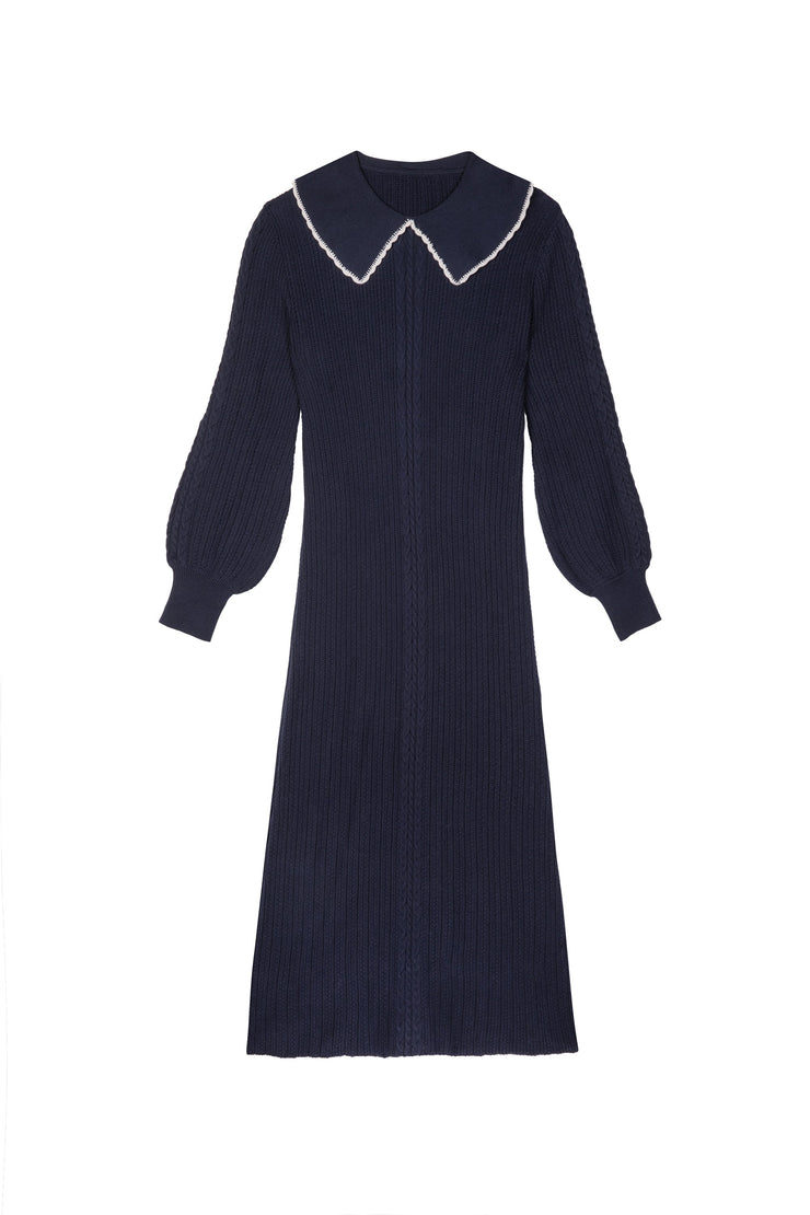 Elle - Navy Solid Long Sleeve Knit Dress With Collar - RIXO ⋆