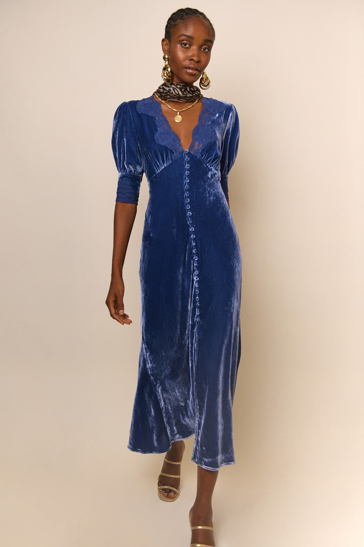 Simone - Steel Blue Silk-Velvet Midi Dress - RIXO ⋆