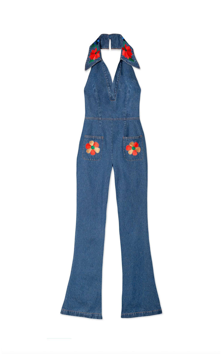 denim halter jumpsuit