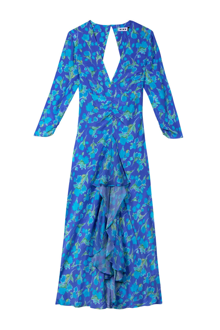 Rose - Floral Blue Silk Midi Dress - RIXO ⋆