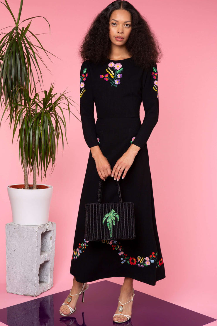 embroidered midi dress with sleeves