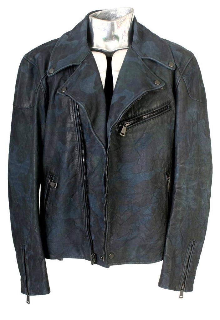 Men's Ralph Lauren Blue Leather Camouflage Biker Jacket Large – atemporali