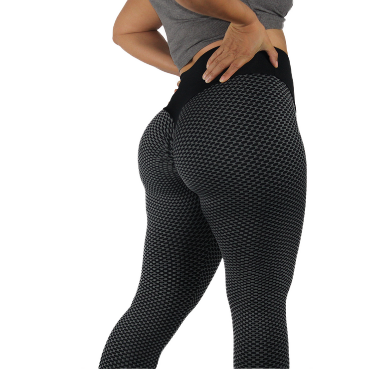 Famous Tiktok leggings. high v shape waist scrunch butt flaw erasing texture grey fishnet fabric full length legging womens athletic wear sports legging in the color nocturnal. elle athletix