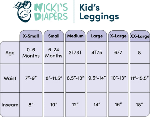 Size chart of Nicki's Diapers kids leggings