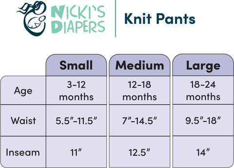 Size chart of Nicki's Diapers knit pants