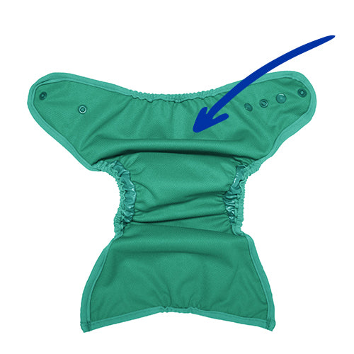Swim Diaper laid flat with arrow shown to emphasize soft mesh interior 