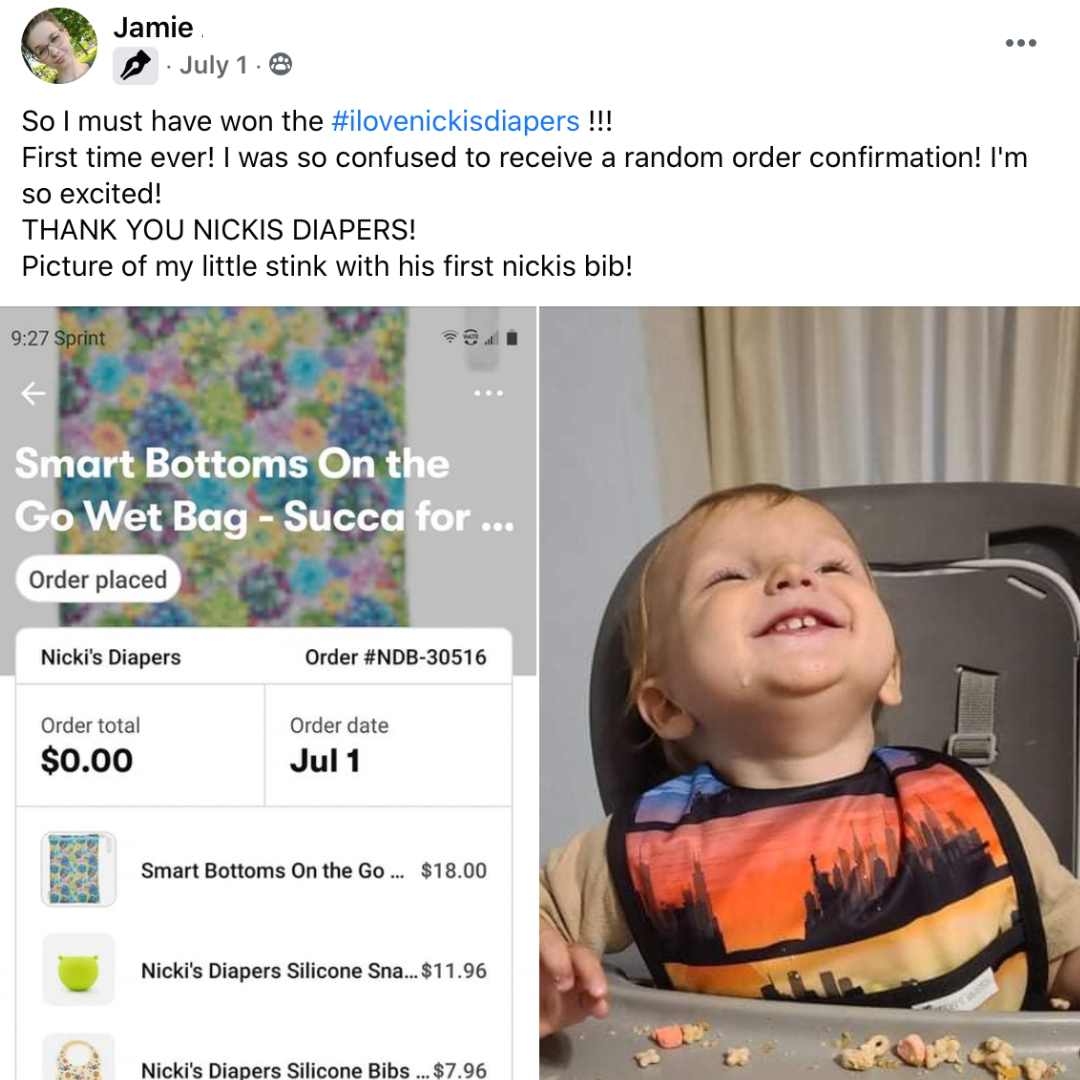 Social Post of Nicki's Diapers Bib with caption reading 