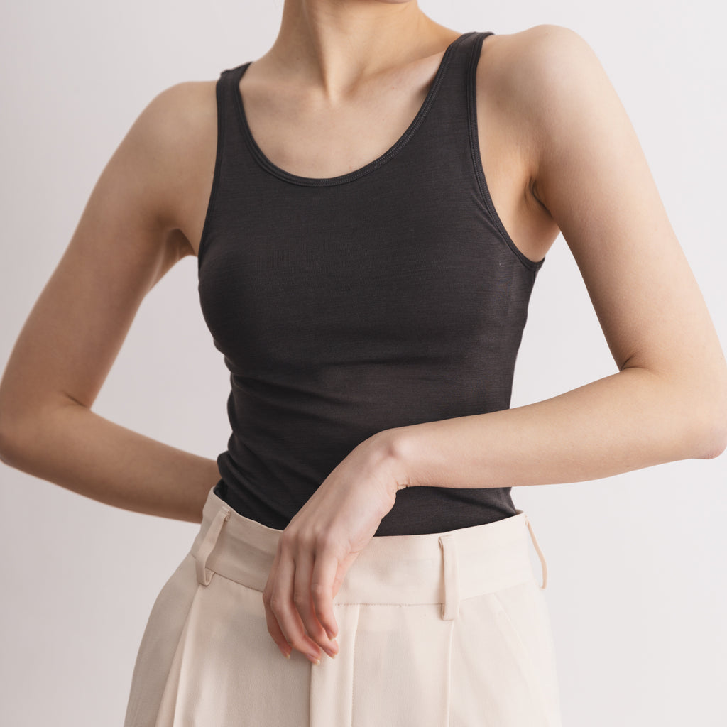 100% Silk Tank Top with Bra in Charcoal