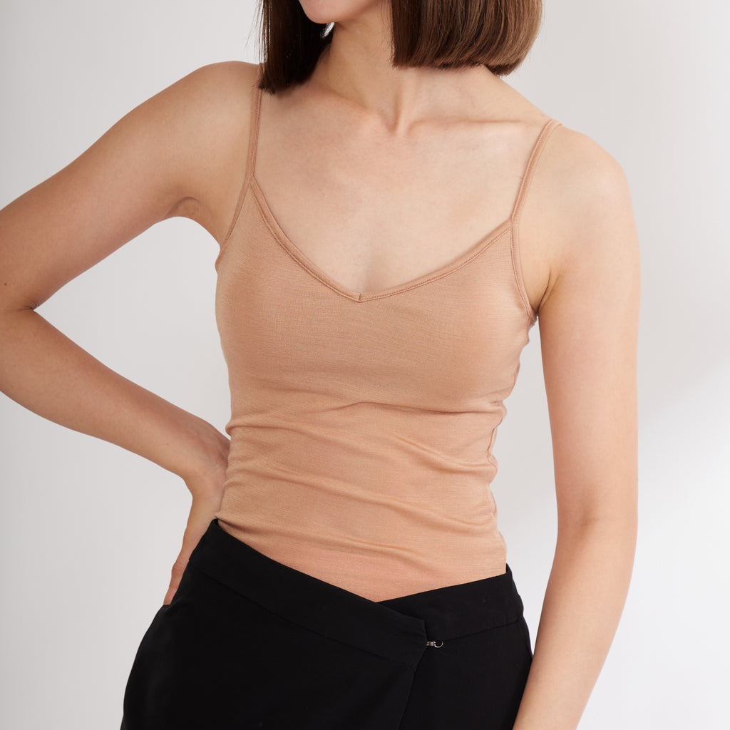 100% Silk Camisole with Bra in Camel