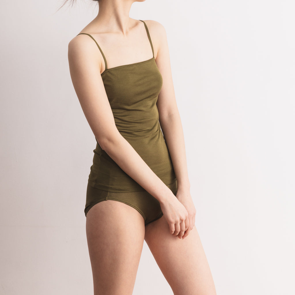 100% Silk Bare Camisole with Bra and 100% Silk Mid-Rise Panties in Olive