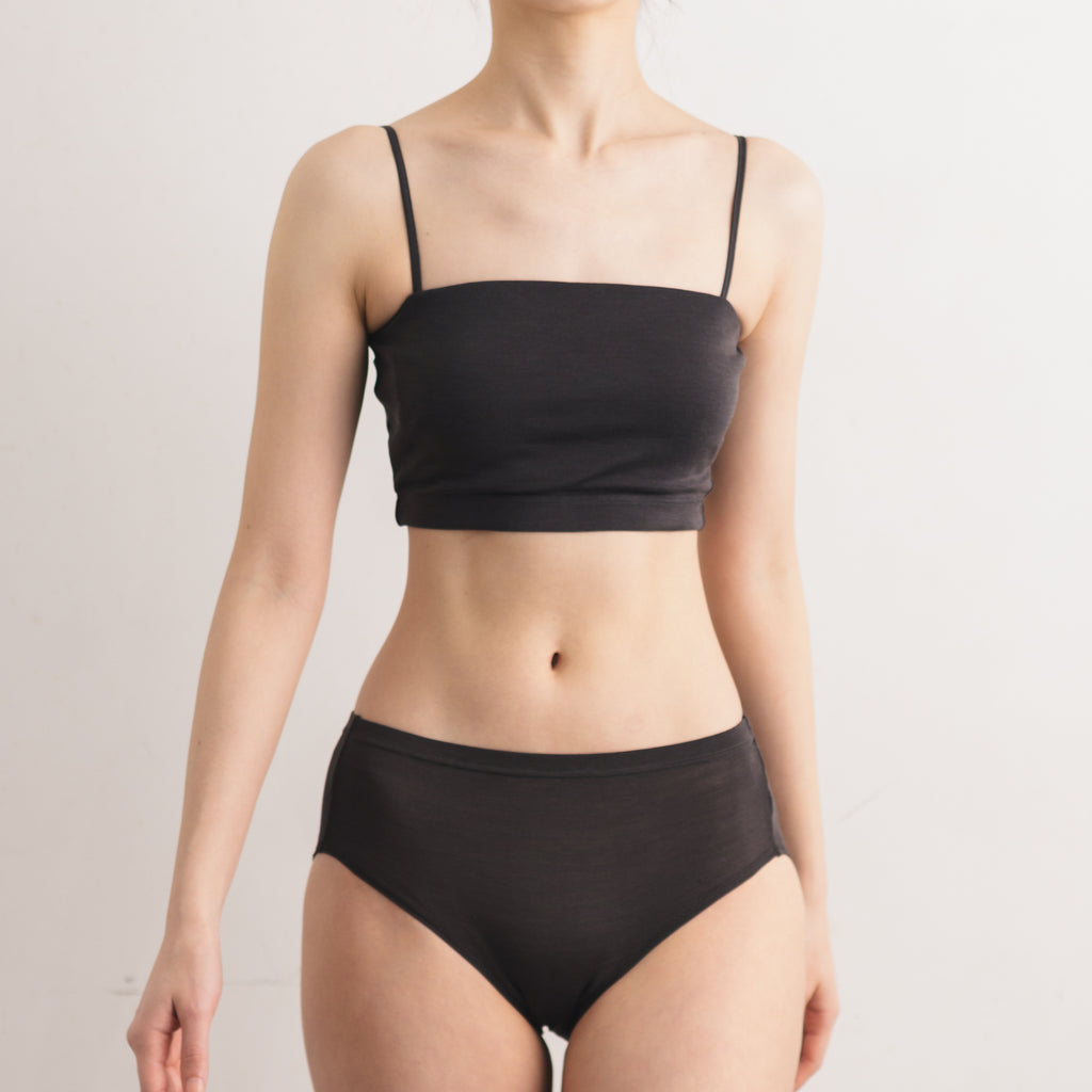 100% Silk Bandeau Bra and Mid-Rise Panties Without Leg Band in Charcoal