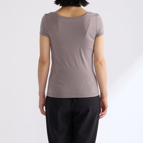 Model: 160cm B-C70, Wearing 100% Merino Wool Jersey 2-Way Short Sleeve Top S (back)