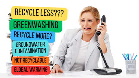 Stock photo of a woman at a desk, holding the phone away from her ear with a terrified expression, looking at a stack of words that say "recycle less, greenwashing, recycle more, groundwater contamination, not recyclable, global warming"